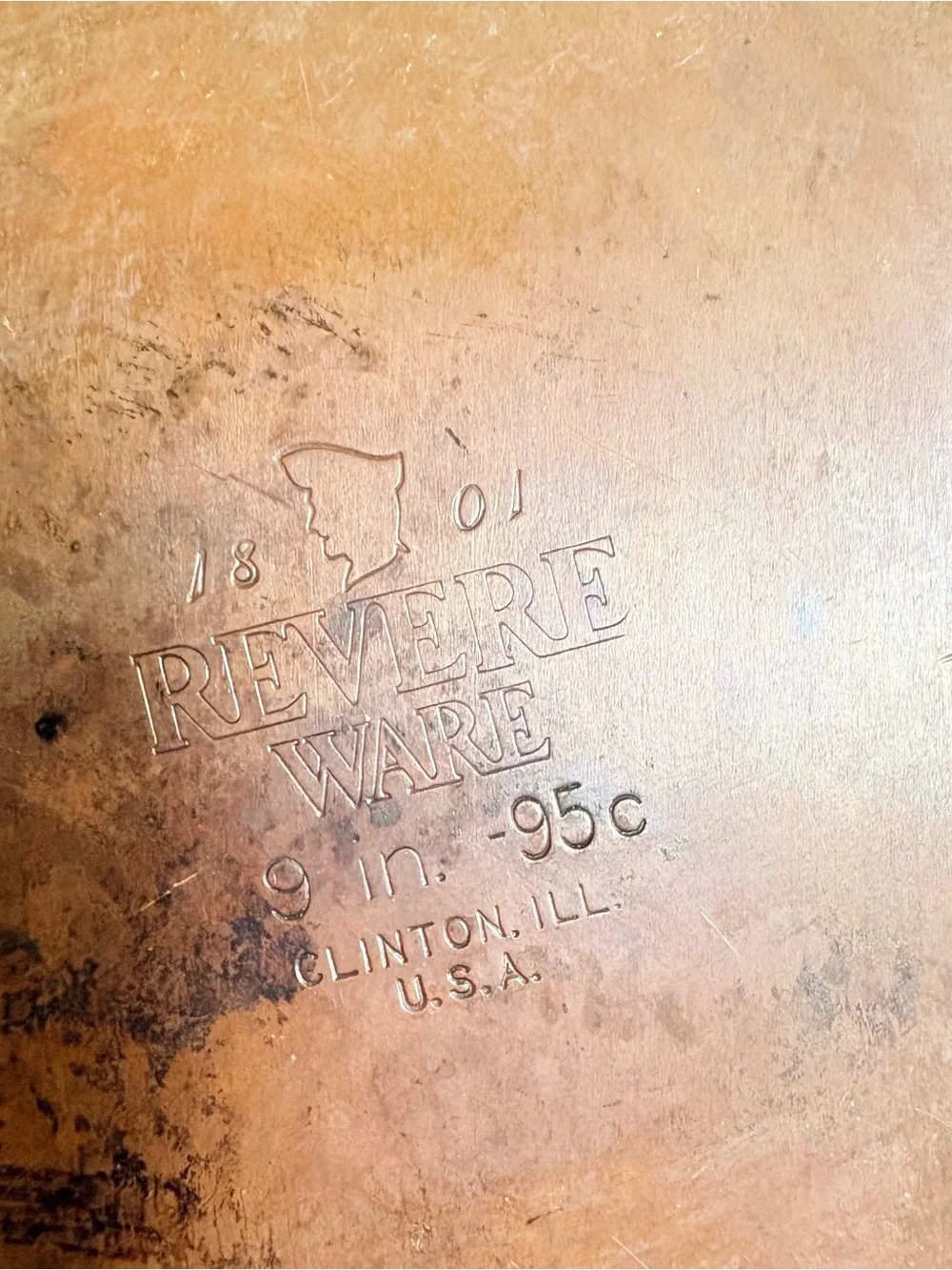 Revere Ware 9” Skillet 1801 Copper Clad Bottom Fry Pan Clinton ILL USA  et